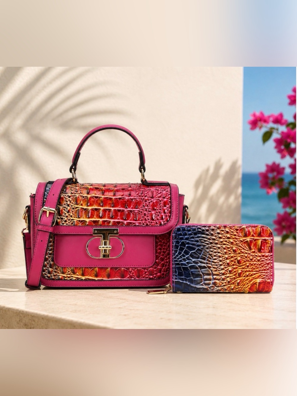NEW Pink Croc-Embossed Top-Handle Crossbody Bag with Matching Wallet
